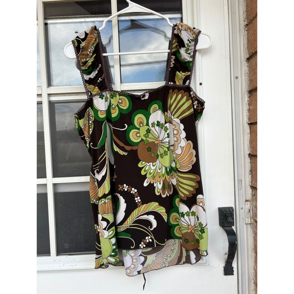 Y2k Brown Green Floral Psychedelic Smocked Babydoll Square Neck Top Retro Boho - Picture 4 of 10